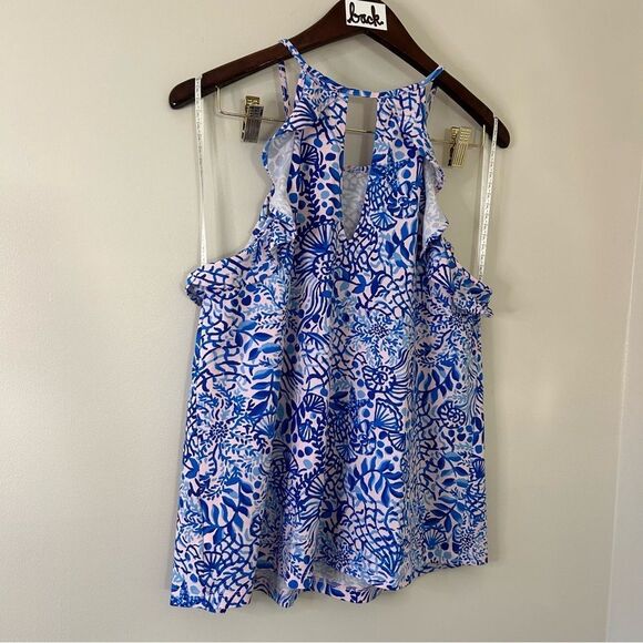 Lilly Pulitzer Blue Light Pink Sea Shells Floral Print Tank w/ Ruffles Women's L - Picture 4 of 6